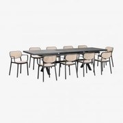 Conjunto De Mesa Retangular Extensível Karena 240-300x100 Cm E 10 Cadeiras De Jardim Empilháveis Com Apoios De Braços Omara Cinza Grafito - Sklum