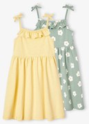 Lote de 2 vestidos de alças, 1 estampado + 1 liso, para menina verde-salva