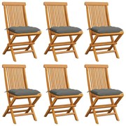 vidaXL Cadeiras de jardim c/ almofadões cinzentos 6 pcs teca maciça