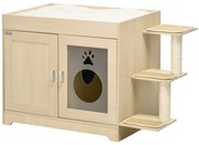 PawHut Caixa de Areia para Gatos de Madeira com Cama Almofada Suave 3 Plataformas e Postes de Sisal 107x54x70cm Carvalho