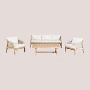Conjunto De Jardim Com Sofá De 3 Lugares, 2 Poltronas E Mesa De Centro Em Madeira De Acácia Dubai Gardénia Branco & Castanho Acácia Rústico - Sklum