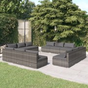 12 pcs conjunto lounge de jardim c/ almofadões vime PE cinzento