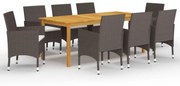 vidaXL 9 pcs conjunto de jantar para jardim com almofadões castanho