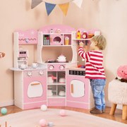 Cozinha de brincar de canto em madeira para crianças com luzes e sons Máquina de café Forno micro-ondas e acessórios Rosa