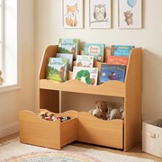 Móvel de Arrumação Infantil com Estante e Gavetas, 82 x 30 x 76 cm, 3 Prateleiras Abertas, Natural