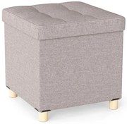 Pufe com armazenamento em tecido de linho, com bandeja e pernas de madeira de borracha - cinza