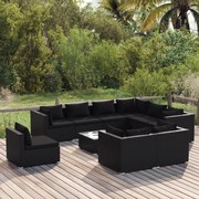 10 pcs conjunto lounge de jardim c/ almofadões vime PE preto