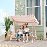Baloiço de Jardim para Crianças com 2 Lugares Toldo Ajustável Cinto de Segurança e Desenho de Borboletas 112x75x120 cm Rosa