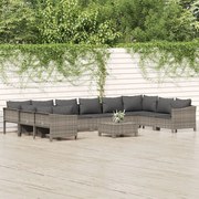 11 pcs conjunto lounge de jardim c/ almofadões vime PE cinzento