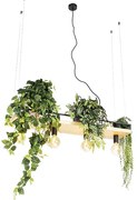 Candeeiro de suspensão industrial preto com madeira 4 luzes - Shelf Industrial