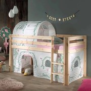 Conjunto Cama alta de Criança PINO 90 x 200 cm + estrado + escada + cortina + túnel Passaros Natural