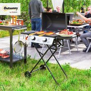 Grelhador a Gás Portátil Dobrável com 2 Queimadores 3 KW Mesas Laterais Bandeja Removível Termómetro e 2 Rodas 101x50x102 cm Preto