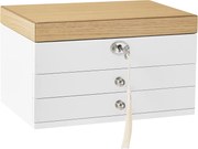 Caixa de joias SONGMICS, organizador de joias de 3 níveis com espelho grande, 2 gavetas, com fechadura, presente para entes queridos, para anéis, brincos, pulseiras, colares, cor branca e com textura de madeira JOW15WNV1