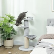 Arranhador para gatos em forma de barril com arranhador de sisal, rede, plataforma e bola de brincar, Ø 48 x 103,5 cm, cinzento claro