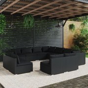 11 pcs conjunto lounge de jardim c/ almofadões vime PE preto