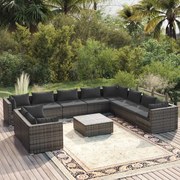 11 pcs conjunto lounge de jardim c/ almofadões vime PE cinzento