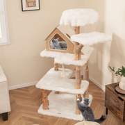 Arranhador de madeira maciça para gatos 150 CM com 2 poleiros para gatos Poste Corda de sisal de 5 camada branca