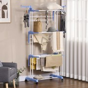 Estendal Dobrável para Roupa com Rodas Estendal Vertical de Aço com 3 Níveis Laterais Dobráveis 73x64x177cm Azul e Branco