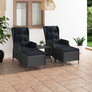 3 pcs conj. lounge jardim c/ almofadões vime PE cinzento-escuro