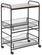 HOMCOM Carrinho de Cozinha 3 Níveis Armazenamento Rodízios 2 Cestos Removíveis Prateleira e Ganchos Laterais 60x38x85,5 cm Nogueira | Aosom Portugal