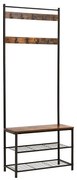 Cabideiro VASAGLE, cabideiro com banco para sapatos, cabideiro com sapateira, design 3 em 1, estrutura de aço, para corredor, entrada, 32 x 70 x 175 cm, industrial, marrom rústico e preto HSR41BX