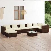 8 pcs conjunto lounge jardim c/ almofadões vime PE castanho