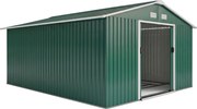 Outsunny Armário de Jardim Metálico 3,4x3,9x2 m Abrigo de Exterior para Armazenamento de Ferramentas Base Incluida 4 Janelas Verde | Aosom Portugal