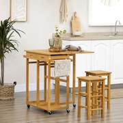Conjunto de Mesa Alta de Bar e 2 Bancos Mesa de Cozinha Alta em Bambu com Rodas Tampo Dobrável Madeira