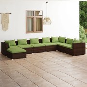 8 pcs conjunto lounge jardim c/ almofadões vime PE castanho