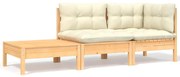 3 pcs conjunto lounge jardim c/ almofadões creme pinho maciço