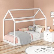 Cama Crianças 90x190 cm Somier de Madeira em Forma de Casa Carga 120 kg para Quarto Branco