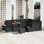 vidaXL Conjunto de Sofá de Jardim com 12 Peças, Almofadas de Rattan Polímero Preto e Acácia