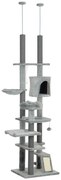 PawHut Arranhador para Gatos de Solo ao Teto com Altura Ajustável Rampa e Bolas de Brincar 60x48x225-255 cm Cinza