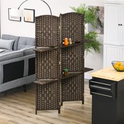 Biombo Separador de Ambientes 4 Painéis 160x170 cm com 2 Prateleiras Dobrável de Fibra de Papel Castanho