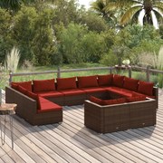 11 pcs conjunto lounge jardim c/ almofadões vime PE castanho