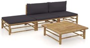 vidaXL 4 pcs conj. lounge jardim em bambu c/ almofadões cinza-escuro