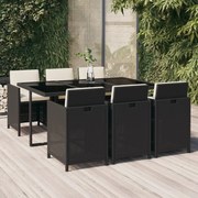 vidaXL 7 pcs conjunto de jantar p/ jardim c/ almofadões vime PE preto
