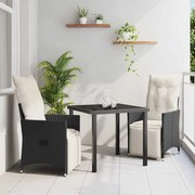 vidaXL Conjunto de Jantar de Jardim com 3 Peças e Almofadas Pretas de Rattan