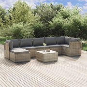 8 pcs conjunto lounge de jardim c/ almofadões vime PE cinzento