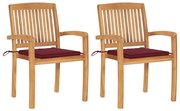 vidaXL Cadeiras jardim c/ almofadões vermelho tinto 2 pcs teca maciça