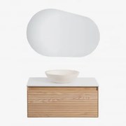 Conjunto De Móveis De Banheiro Em Madeira Tedrik Ash Castanho Fresno & Cimento Redondo Branco Ø40 Cm Zavion & Oval Led E Anti-embaciamento - Sklum