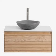 Conjunto De Móvel De Casa De Banho Suspenso 80x50 Cm Em Madeira De Freixo Tedrik Castanho Fresno & Cimento Cinzento Redondo Ø40 Cm Tarsis - Sklum