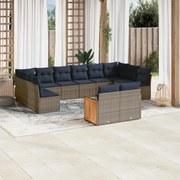vidaXL 12 pcs conjunto sofás p/ jardim c/ almofadões vime PE cinzento