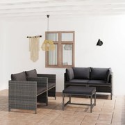 5 pcs conjunto lounge de jardim c/ almofadões vime PE cinzento