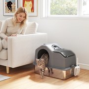 Caixa de Areia para Gatos Fechada XL em Aço Inox com Tampa, Pá, Tapete Recolhedor de Areia, Cinzento Scuro