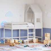 vidaXL Cama alta c/ escada e telhado 90x190 cm pinho maciço branco