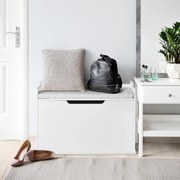 Arca de brinquedos com tampa Tampa elevável Caixa de brinquedos com banco Utilização dupla como banco grande de madeira Branco