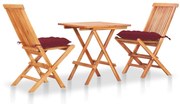 vidaXL Conjunto bistrô c/ almofadões vermelho tinto 3 pcs teca maciça