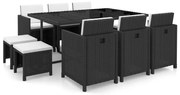 11 pcs conjunto jantar exterior com almofadões vime PE preto