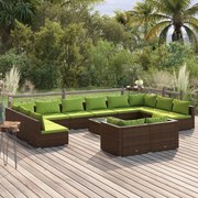 13 pcs conjunto lounge de jardim c/ almofadões vime PE castanho